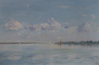 Lot 2069 - Keith Money (b.1935) 'The Estuary' Signed with initials, inscribed on a label verso, oil on...