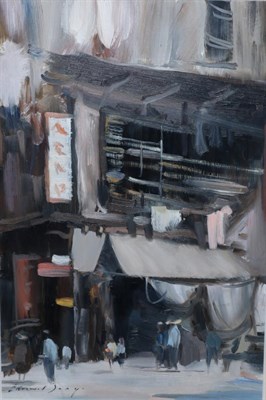 Lot 2080 - After Edward Seago (1910-1974) Figures before a shop awning, possibly Hong Kong Bears...