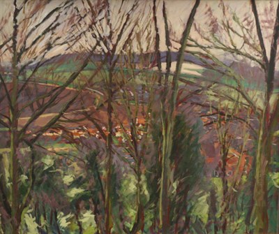 Lot 2086 - Don Inkersole (b.1946) View of a distant village through a wooded landscape  Signed and dated...