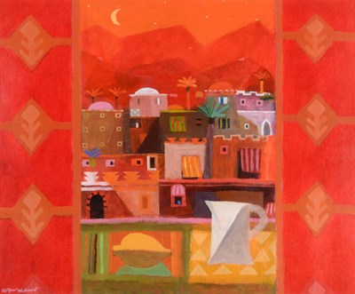 Lot 2097 - Alan Furneaux (Contemporary) Middle Eastern city by moonlight Signed, acrylic on board, 56cm by...