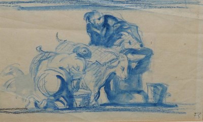 Lot 2098 - Sir Frank Brangwyn, RA (1867-1956) Goat milking Signed with initials, crayon and wash, 12.5cm...