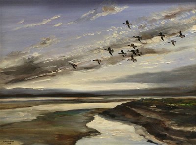 Lot 2100 - Hugh Monahan (1914-1970)  'Leaving the grass at dawn, Solway' Signed and dated 1947, oil on canvas