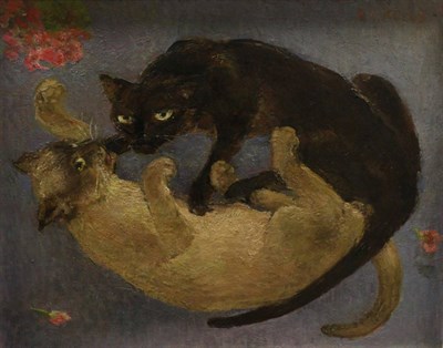 Lot 2101 - Judith da Fano (1919-2000) Siamese cats quarrelling Signed, oil on board, 34.5cm by 44cm