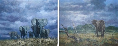 Lot 2105 - John Trickett (b.1953) 'Storm over the savannah' 'Bull elephant and Kilimanjaro' Signed and...