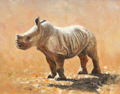 Lot 2106 - Pip McGarry (b.1955) A young rhino Signed and dated 2013, oil on canvas board, 19.5cm by 24.5cm