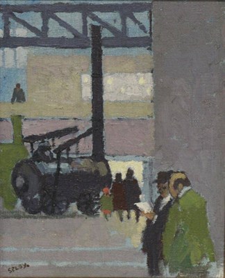 Lot 2110 - William Selby (b.1933) Figures reading a letter before a locomotive in a station Signed, oil on...