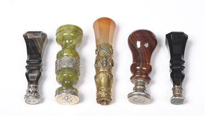 Lot 407 - A Group of Five Hand Seals, 19th century, four with agate handles, one of green marble with...