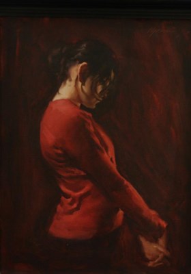 Lot 2129 - Michael J Austin (b.1959) 'Red Jumper', Portrait of a lady, half-length thought to be the...