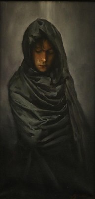 Lot 2130 - Michael J Austin (b.1959) Portrait of a girl, half-length wrapped in a scarf Signed, oil on canvas