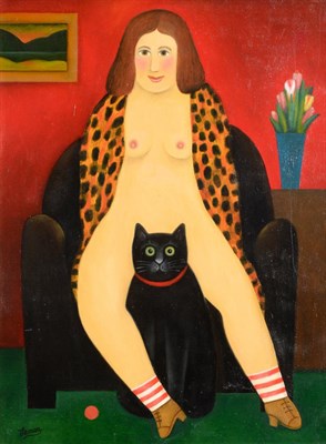 Lot 2131 - Martin Leman RBA, RWS (b.1934)  Female nude with black cat  Signed, oil on board, 39.5cm by 29.5cm