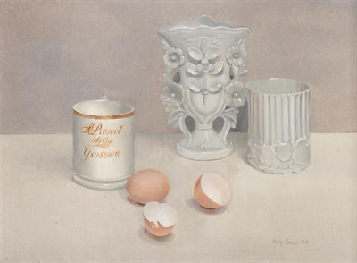 Lot 2133 - Audrey Johnson (1918-2010) Still life with vases, a ceramic mug and egg shells Signed and dated...