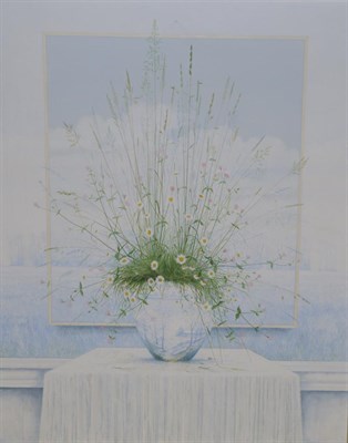 Lot 2140 - John Ridgewell (1937-2004) Still life with wild flowers on a ledge before a surreal background...