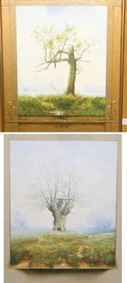 Lot 2144 - John Ridgewell (1937-2004) Tree house in a surreal landscape Signed, oil on canvas, together with a