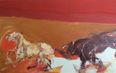 Lot 2158 - Manner of Francis Bacon (1909-1992) A bull chasing a horse in an abstract landscape...