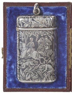 Lot 412 - A French Silver and Niello Vesta Case, circa 1880, rectangular, decorated with a stag hunt, a...