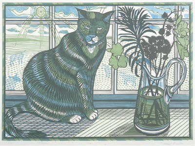 Lot 2022 - Richard Bawden RWS, RE, MSDC, ARCA (b.1936) 'Prospero' - Tabby Cat on a windowsill Signed,...