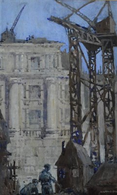 Lot 2048 - Reginald Brill (1902-1974) Construction before Selfridges, London Signed, watercolour, 43cm by 26cm