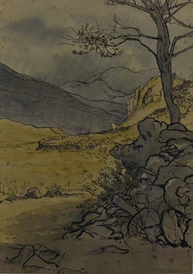 Lot 2054 - Brian Bradshaw (b.1923) South African Study of a tree in a rocky landscape Signed, pen and ink...