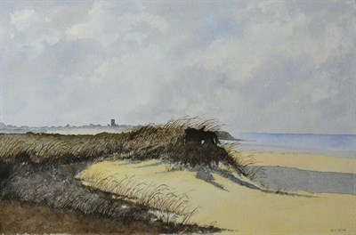 Lot 2060 - Geoffrey Woolsey Birks (1929-1993) A expansive beach with a village beyond, thought to be...