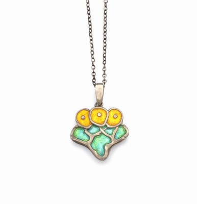 Lot 419 - A Silver Yellow and Green Enamelled Pendant, by Charles Horner, on Chain, the stylised flower motif