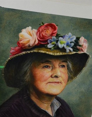 Lot 2067 - John A Blakey (b.1952)  Portrait of Hannah Hauxwell, head and shoulders wearing a hat decorated...