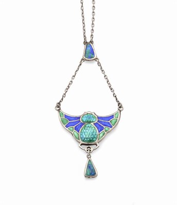 Lot 420 - A Silver Enamelled Necklace, by Charles Horner, the blue and green enamelled motif as a winged...