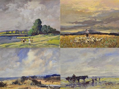 Lot 2073 - William Norman Gaunt (1918-2001) Shepherd with sheep in a moorland landscape Signed, oil on canvas