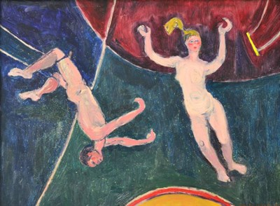 Lot 2079 - Eric James Mellon (1925-2014) Trapeze artists Signed and dated 1969, oil on board, 44cm by 59.5cm