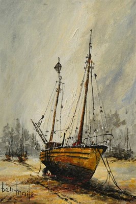 Lot 2084 - Ben Maile (b.1922)  'Day Mooring' Signed, signed and inscribed verso, oil on canvas, 35cm by 23.5cm