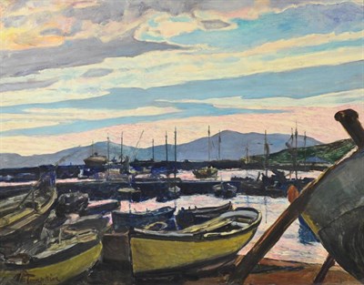 Lot 2085 - Alfred P. Tompkin (exh 1926) 'Evening, Mykonos Greece' Signed, signed and inscribed verso, oil...