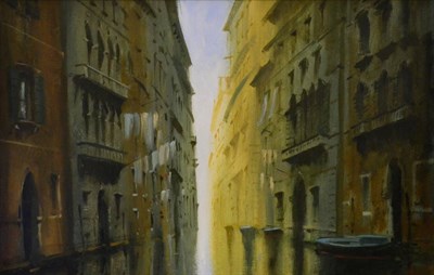 Lot 2089 - Michael Felmingham (b.1935) 'Narrow Canal, Venice' Signed, oil on board, 27cm by 42.5cm