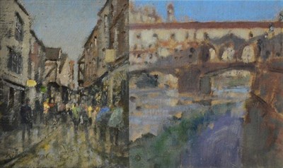 Lot 2090 - Colin Orchard (b.1935) 'Ponte Vecchio, Early Morning' Signed with monogram, oil on board,...