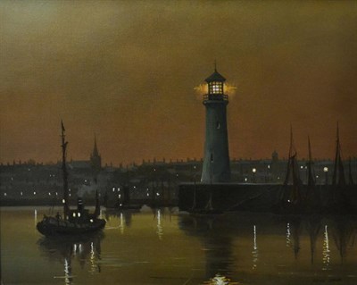 Lot 2094 - Steven Scholes (b.1952) 'The Lighthouse' Signed, inscribed verso, oil on canvas, 39cm by 49cm