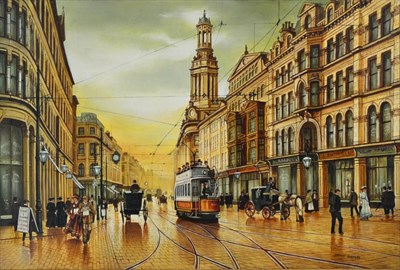 Lot 2114 - Steven Scholes (b.1952) Horses, carts and trams in Manchester  Signed, oil on canvas, 59.5cm by...