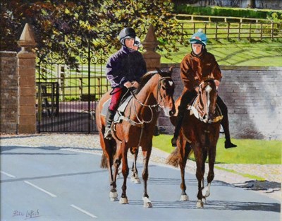 Lot 2121 - Peter Lapish (b.1937) 'Racehorses, Middleham' Signed, oil on board, 29.5cm by 37cm