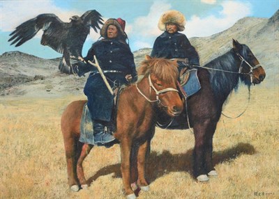 Lot 2122 - Zhang Wen Yuan (b.1942) Chinese  Horse mounted Mongolian Nomads hunting with an eagle  Signed,...