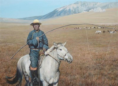 Lot 2123 - Zhang Wen Yuan (b.1942) Chinese  Horse mounted Mongolian cattle farmer holding a lasso Signed,...