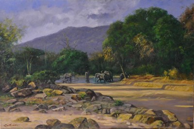 Lot 2124 - John Trickett (b.1953) 'Watering Elephants' Signed, signed and inscribed verso, oil on canvas, 61cm