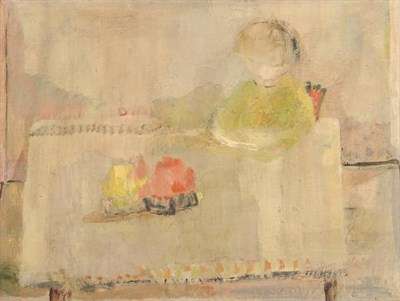 Lot 2132 - David Cox (b.1914) Child seated at a table Signed, with Stockport label verso, oil on board, 44.5cm