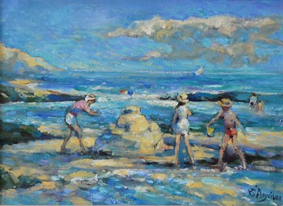 Lot 2133 - Michael d'Aguilar (1924-2011) Figures building a sandcastle on a sun drenched beach  Signed, oil on