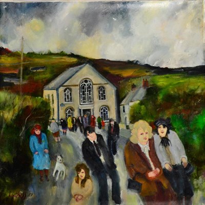 Lot 2137 - Gill Watkiss (b.1938) Figures coming out of a methodist church Signed and dated (20)17, oil on...