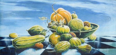 Lot 2157 - Stuart Armfield (1916-2000) 'Marrows and Pumpkins' Signed, signed and inscribed verso, tempera...