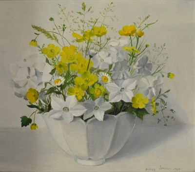 Lot 2160 - Audrey Johnson (1918-2010)  'Phlox, buttercups and daisys' Signed and dated 1967, signed and...