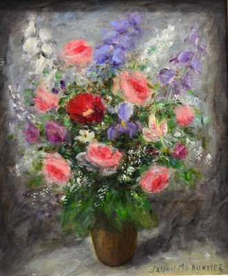 Lot 2162 - Jacques Michel G. Dunoyer (1933-2000) Still life of roses and other mixed flowers in a brown...