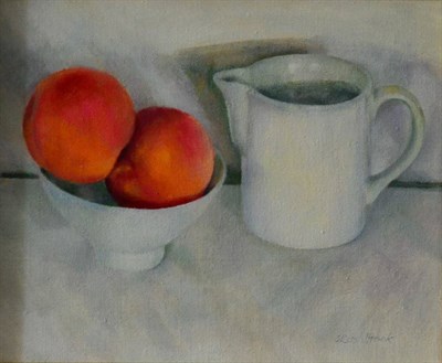 Lot 2163 - Anita Rushbrook (Contemporary) Still life with peaches and a jug on a ledge  Signed, oil on canvas