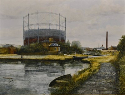 Lot 2173 - John Ridgewell (1937-2004) 'Gasometer and Canal locks at Bingley, W. Yorks' Signed, inscribed...