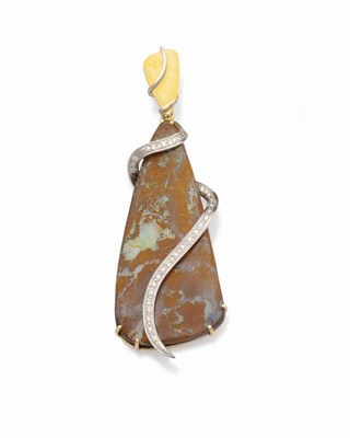 Lot 431 - An 18 Carat Gold Ironstone Opal and Diamond Pendant, the large triangular slab ironstone and...