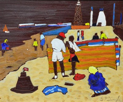 Lot 2183 - Stephanie Dingle (b.1926) 'The Sandcastle' Signed, inscribed verso, oil on board, 23.5cm by 28cm