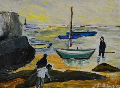 Lot 2184 - Stephanie Dingle (b.1926) 'Fisherman' Signed, inscribed verso, oil on board, 13.cm by 17.5cm