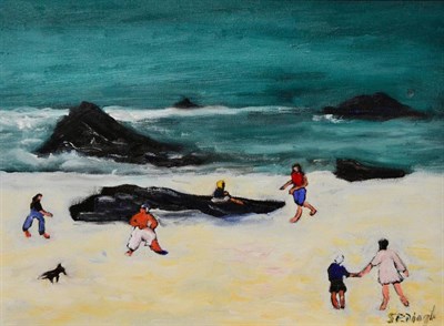 Lot 2185 - Stephanie Dingle (b.1926) 'Figures Porthmeor Beach' Signed, inscribed verso, oil on canvas,...